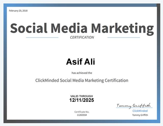ClickMinded Social Media Marketing certification awarded to Asif Ali