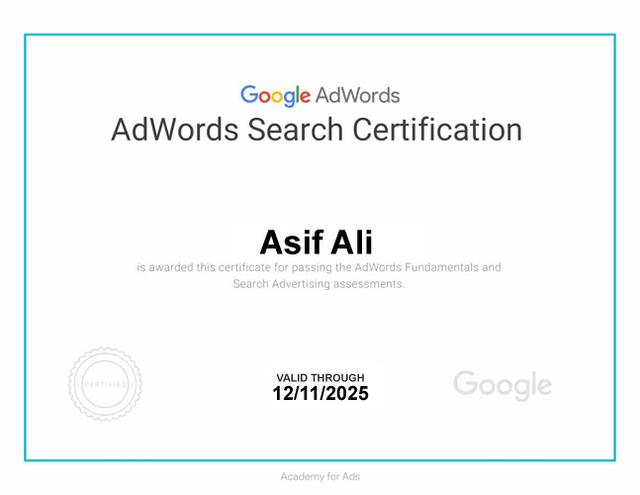 Google AdWords Search certification awarded to Asif Ali