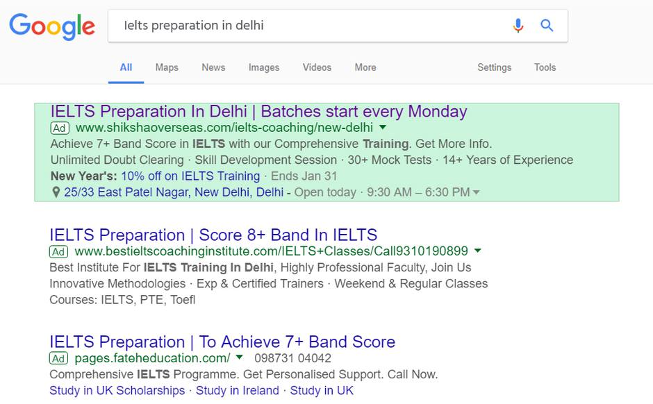 Google Search advertisement for an IELTS coaching institute created by Asif Ali
