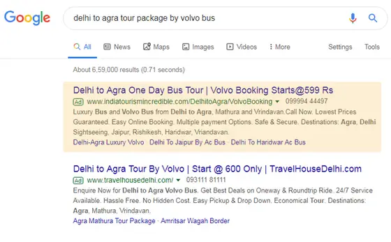 Google search results showing a top-position ad for a Delhi to Agra one day Volvo bus tour, run for India Tourism Incredible