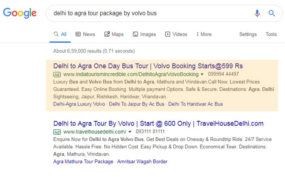 Google Search advertisement for Volvo bus tour packages created by Asif Ali